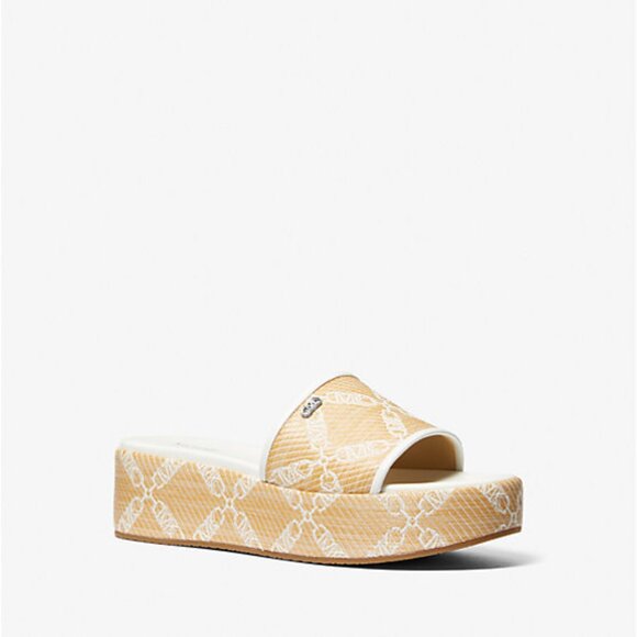 Michael Kors Ember Empire Logo Jacquard Straw Platform Sandals - Picture 1 of 3